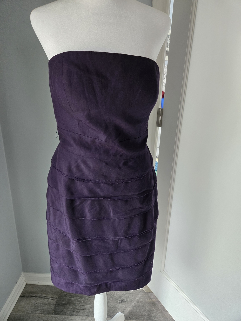 Glint Strapless Tiered Cocktail Dress in Deep Plum, Removeable Bow Belt.
